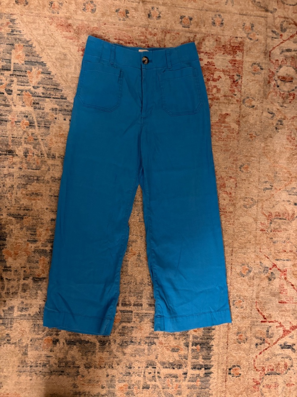 Maeve Turquoise Crop Pants with Pink Topstitch- Colette linen